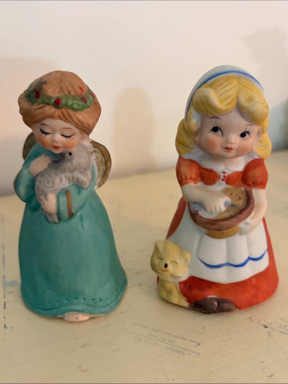 Vintage Ceramic Dutch Cat Girl & Angel Lamb Bells Set bell collectible